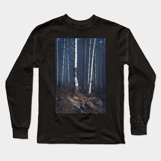 Trees in foggy forest Long Sleeve T-Shirt by Juhku